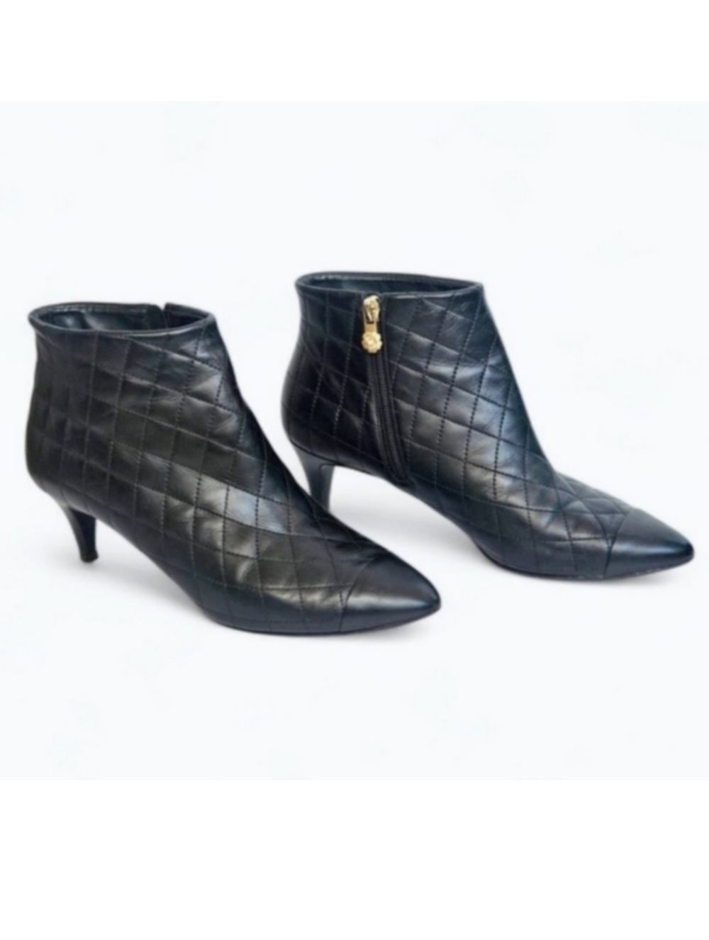 Chanel Black Quilted Leather Cap Toe Ankle Boots Size 38.5 EU‎ Fall Boots